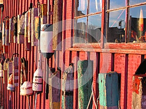 Lobster buoys on shack