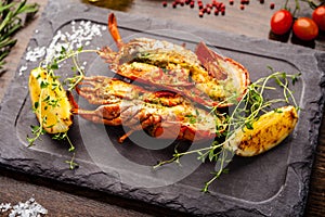 Lobster with flavored butter. Herb butter, lemon. Delicious healthy traditional food closeup served for lunch in modern