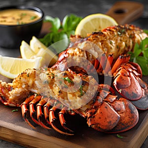 Lobster grilled on a wooden board with lemon and sauce.