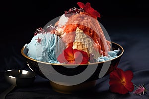 lobster ice cream in a ceramic bowl with lobster claw decoration