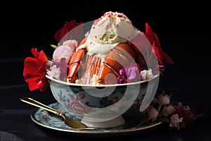 lobster ice cream in a ceramic bowl with lobster claw decoration