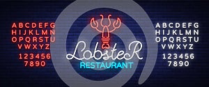 Lobster neon logo icon vector illustration. Emblem, neon signboard for restaurant