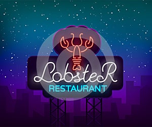 Lobster neon logo icon vector illustration. Emblem, neon signboard for restaurant, cafe with seafood. Glowing banner, a