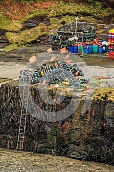 Lobster Pots and Fishing Gear on the Quayside, Bostcastle Harbour, North Cornwall