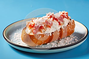 lobster roll on a seashell-shaped plate against blue background photo