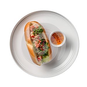 Lobster Roll On White Smooth Round Plate On Isolated Transparent Background U.S. Dish. Generative AI