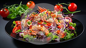 Lobster salad with fresh salad, cherry tomatoes, lettuce and red onion served in a dark plate on a dark background. Crab meat