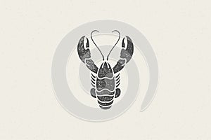 Lobster silhouette for seafood restaurant menu and logo hand drawn stamp effect vector illustration.