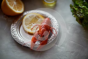 A lobster on a silver metal plate with lemon.Restaurant food.