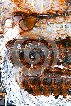 Lobster tails grilled on BBQ ...with flame