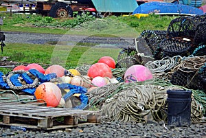 Lobster traps buoys and rope
