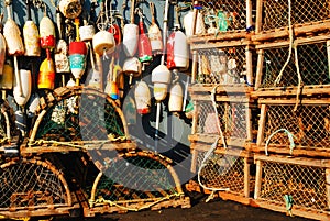 Lobster traps and colorful buoys