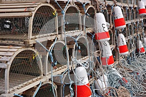 Lobster traps and colourful buoys