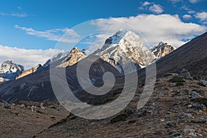 Lobuche peak in a morning sunrise view from Dingboche village, Everest region, Nepal