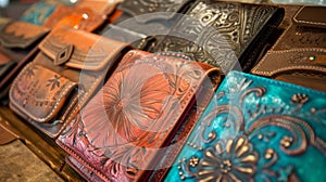 A local artisan displays her impressive collection of handmade leather wallets each featuring a unique Westerninspired photo