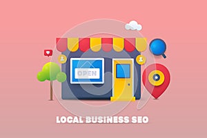 Local business seo, ecommerce search engine optimization and local digital marketing 3d style minimal design concept.