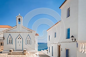 Local church at Chora in Andros island in Greece. Beautiful Cyclades.