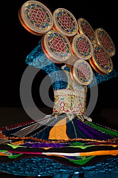 A local citizen performing traditional folk dance at night as part of a desert safari camp experience in Dubai, UAE