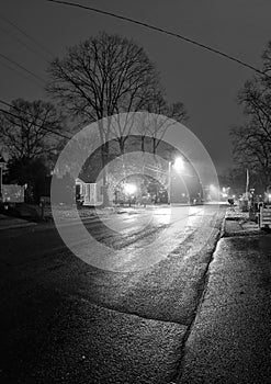 Local city road at night black and white