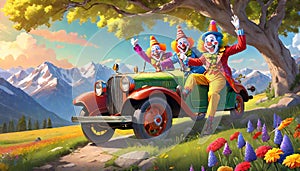 Local clown show jalopy automobile driving mountain path