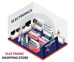 a Local electronic Store where People are Buying Electronics Isometric Artwork.