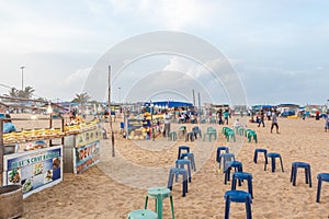 Local enterpreneurs selling eatables at marina beach and arranged seats for their customers