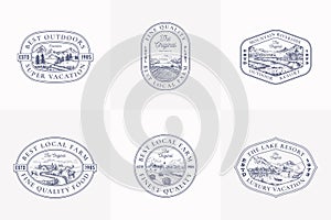 Local Farm Outdoor Products Retro Logo Templates Set. Hand Drawn Landscape Sketches with Typography and Borders Emblems