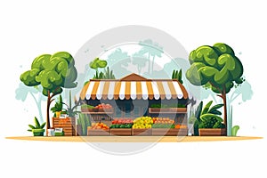 Local Farmers Market with Organic Produce Stalls isolated vector style illustration