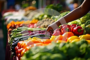 Local farmers selling fresh organic fruits and vegetables at vibrant outdoor market on a sunny day