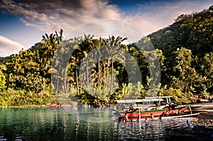 Local fisher boat with kids playing in the water in a tropical forest with palm trees. Exotic island of Nusa Penida, Bali