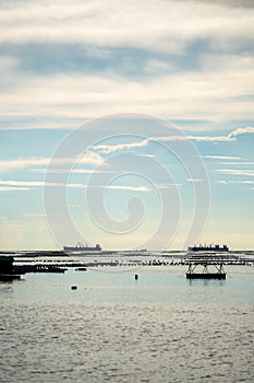 Local fishing boat and container ship are floating on the sea in clear sky day, Sriracha, Chonburi province