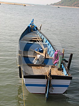 Fishing boats lined along the shore. India, Karnataka