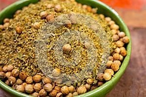 Local food of Canarian islands, dried herbal mix with coriander seeds for mojo cilantro condiment sause