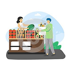 Local food market. Man, ecologist buying organic fruits and vegetables at farmers market, flat vector illustration.