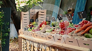 Local fresh produce at farmers market display stand