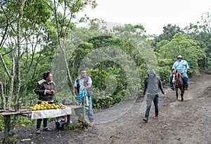 GUATEMALA - NOVEMBER 10, 2017: Local Fruit Store on the way to Pacaya Volcano in Guatemala. Horse service in Background.