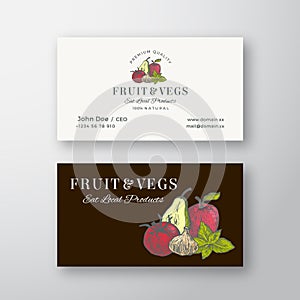 Local Fruits and Vegetables Sketch Abstract Vector Sign or Logo and Business Card Template. Premium Stationary Realistic