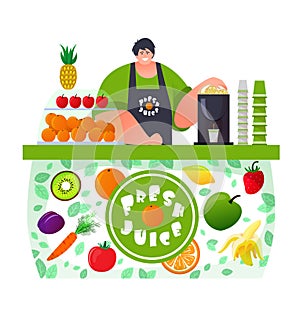 Local kiosk with man background, isolated on white vector illustration. Outdoor market, fresh juice service in retail