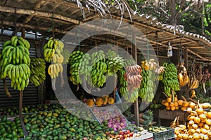 Local market for agricultural products. A showcase with a variety of exotic fruits and bunches of bananas. Asia, Sri Lanka
