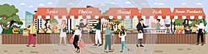 Local market food stalls, vector illustration. Farmers selling fresh organic fruits, meat, fish, dairy eco farm products