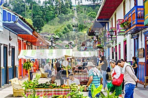 Local market with sellers in the streets of the village Salento, on March 23, 2019 - Colombia