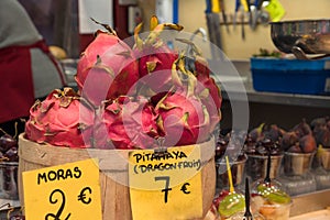 Local market stall, exotic dragon fruits for sale