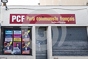 Local office of Parti Communiste Francais, or PCF, French Communist party, with posters of Fabien Roussel,