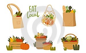 Local Organic Food and Eco Products in Basket and Shopping Bags Vector Set