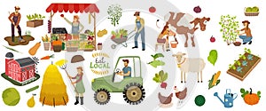 Local organic production icons set. Farmers do agricultural work, planting, gathering crops and sell food. Woman milks a cow and p