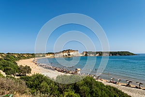 Local people and tourists enjoying Gerakas beach in Zakynthos island in Greece.