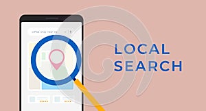 Local Search horizontal banner concept. SEO Optimize for Near Me Searches concept. Local Search Engine Optimization -