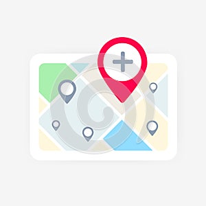 Local Search Listing concept. Map with local business search listing featuring map icon and red pin with add plus