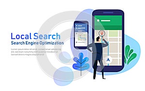 Local search marketing ecommerce. concept of mobile location SEO search engine optimization. large phone with business