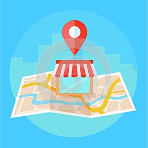 Local seo banner, Map and shop in realistic view.